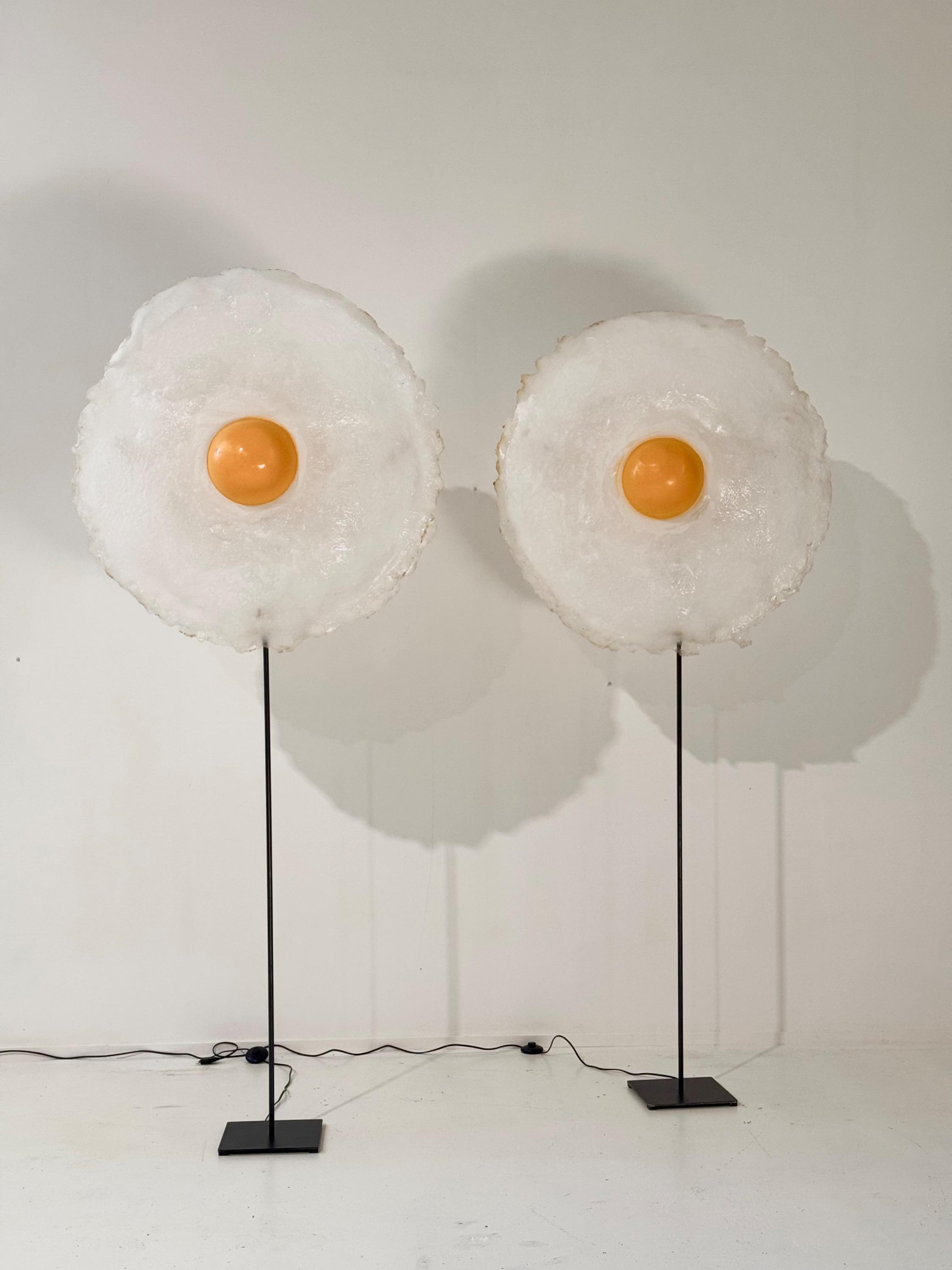 Amazing & Rare Big Pair of « Sunny Side Up » Egg Floor Lamp By Michel Froment Circa 1990’s. Dim = H 225 cm / Diam Egg 100 cm