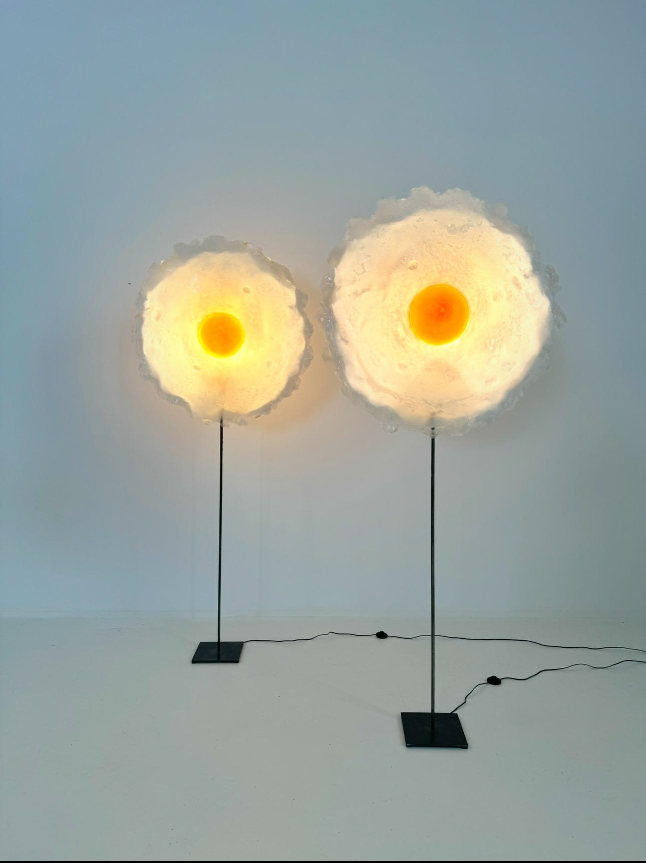 Amazing & Rare Big Pair of « Sunny Side Up » Egg Floor Lamp By Michel Froment Circa 1990’s. Dim = H 225 cm / Diam Egg 100 cm