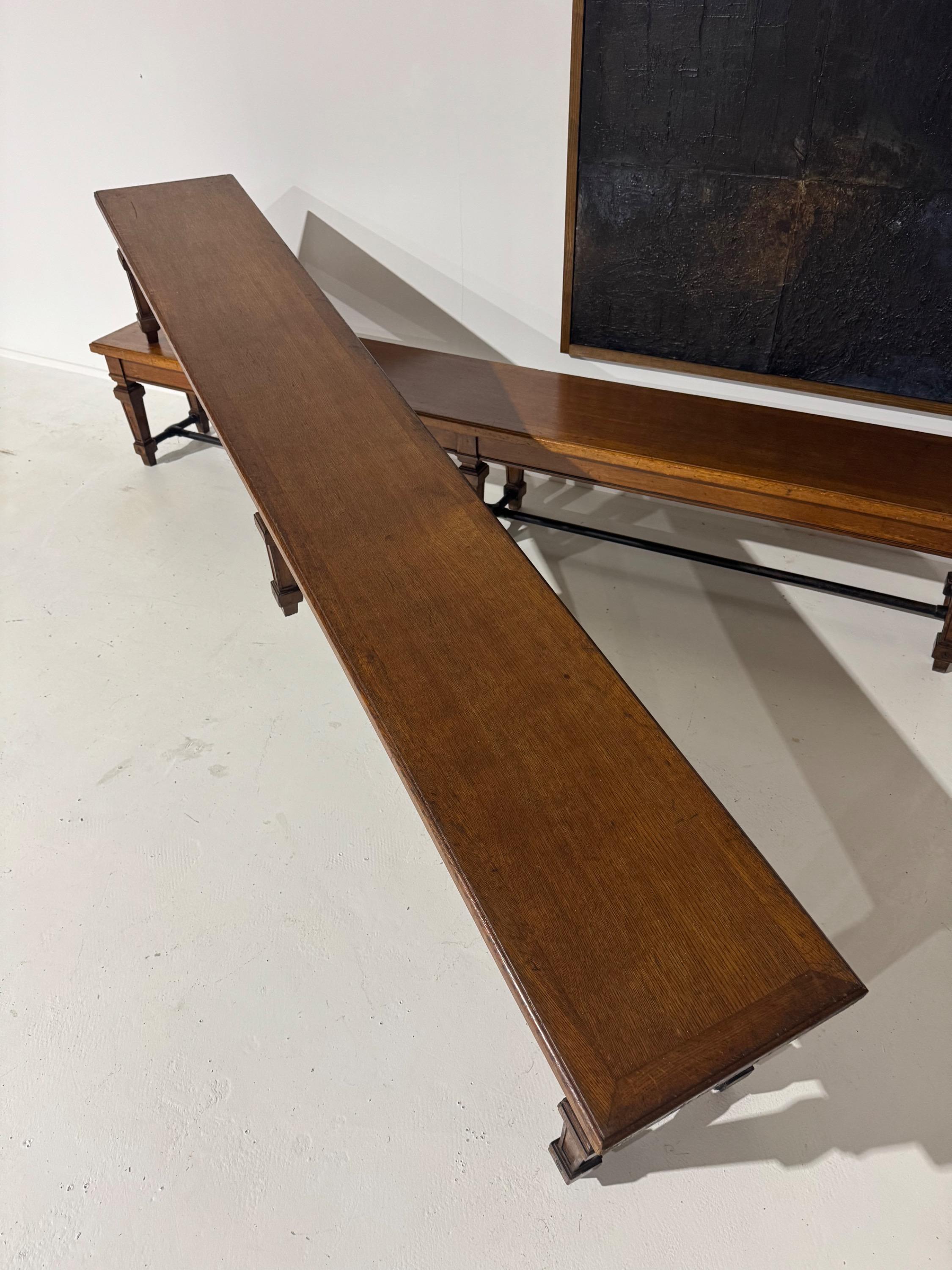 Amazing Pair of Big French Bench in Solid Oak Wood,Brass & Cast Iron . Made For The « Banque de France » Circa 1930  Dim Each = 300 x 45 x 50 cm