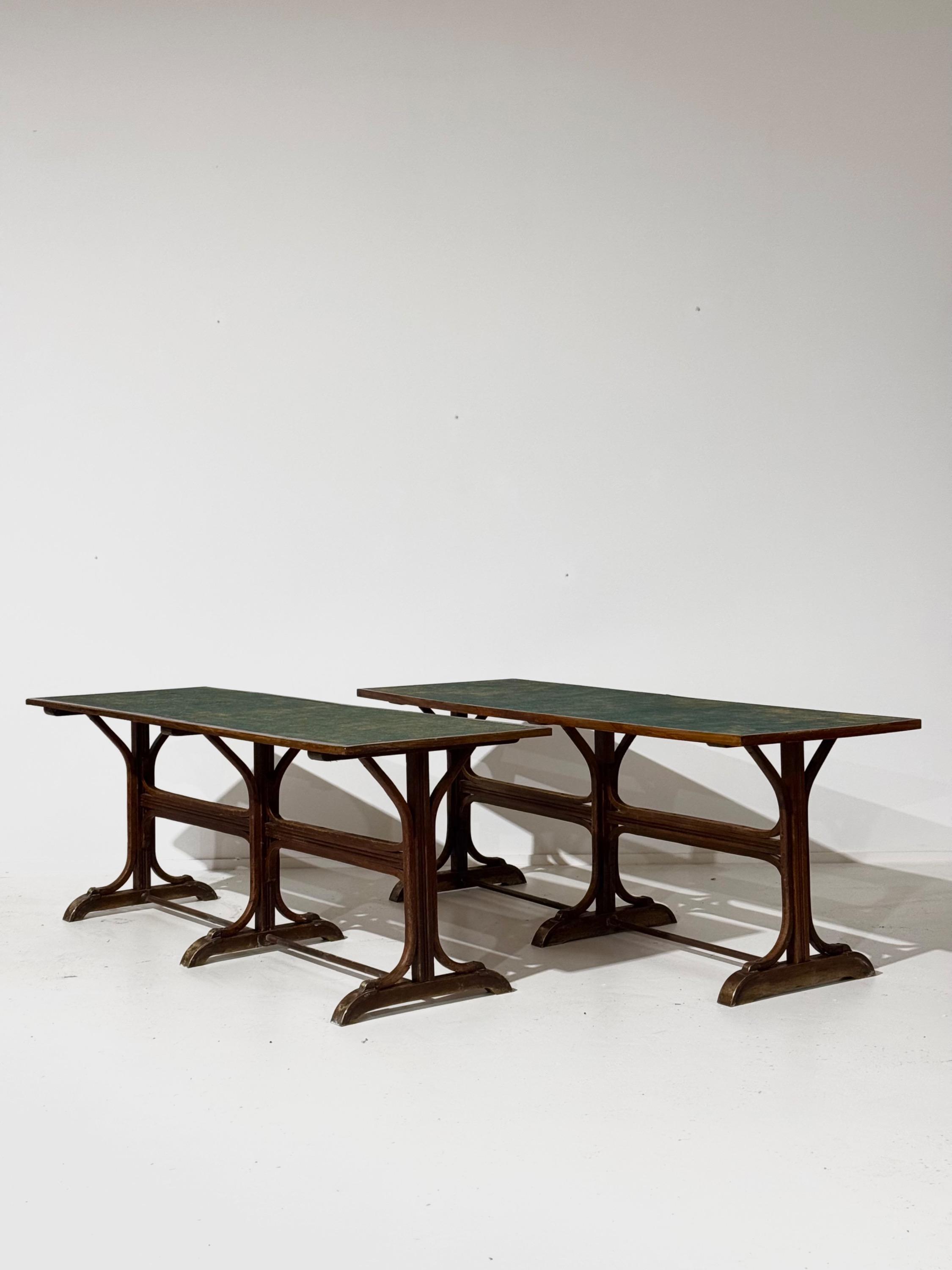 Beautiful Pair Of Big « Fishel » Tables in Bent Beech Wood, Wax Canvas Top & Brass details Circa 1920’s Dim Each = 200 x 70 x 75,5 cm