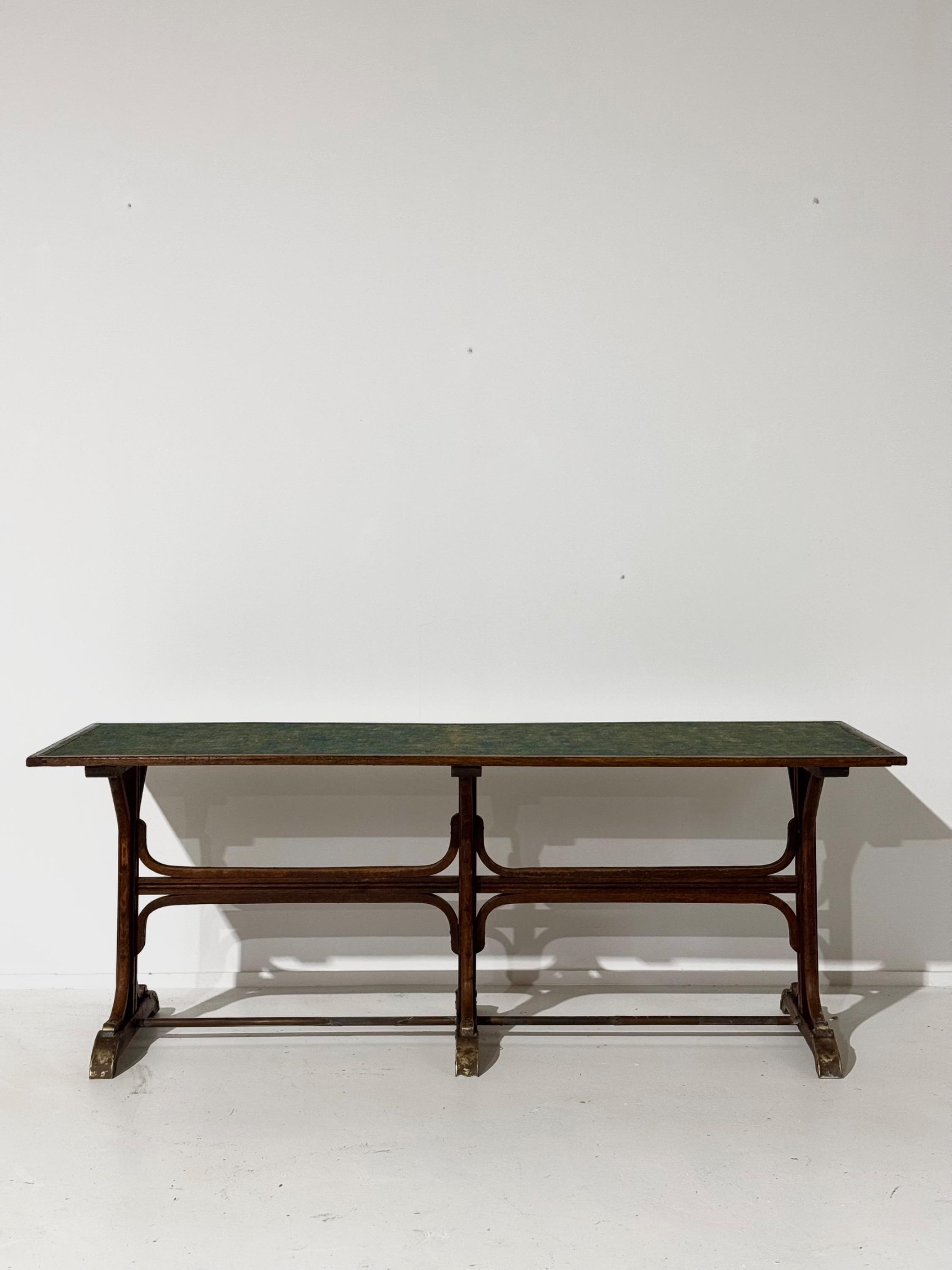 Beautiful Pair Of Big « Fishel » Tables in Bent Beech Wood, Wax Canvas Top & Brass details Circa 1920’s Dim Each = 200 x 70 x 75,5 cm