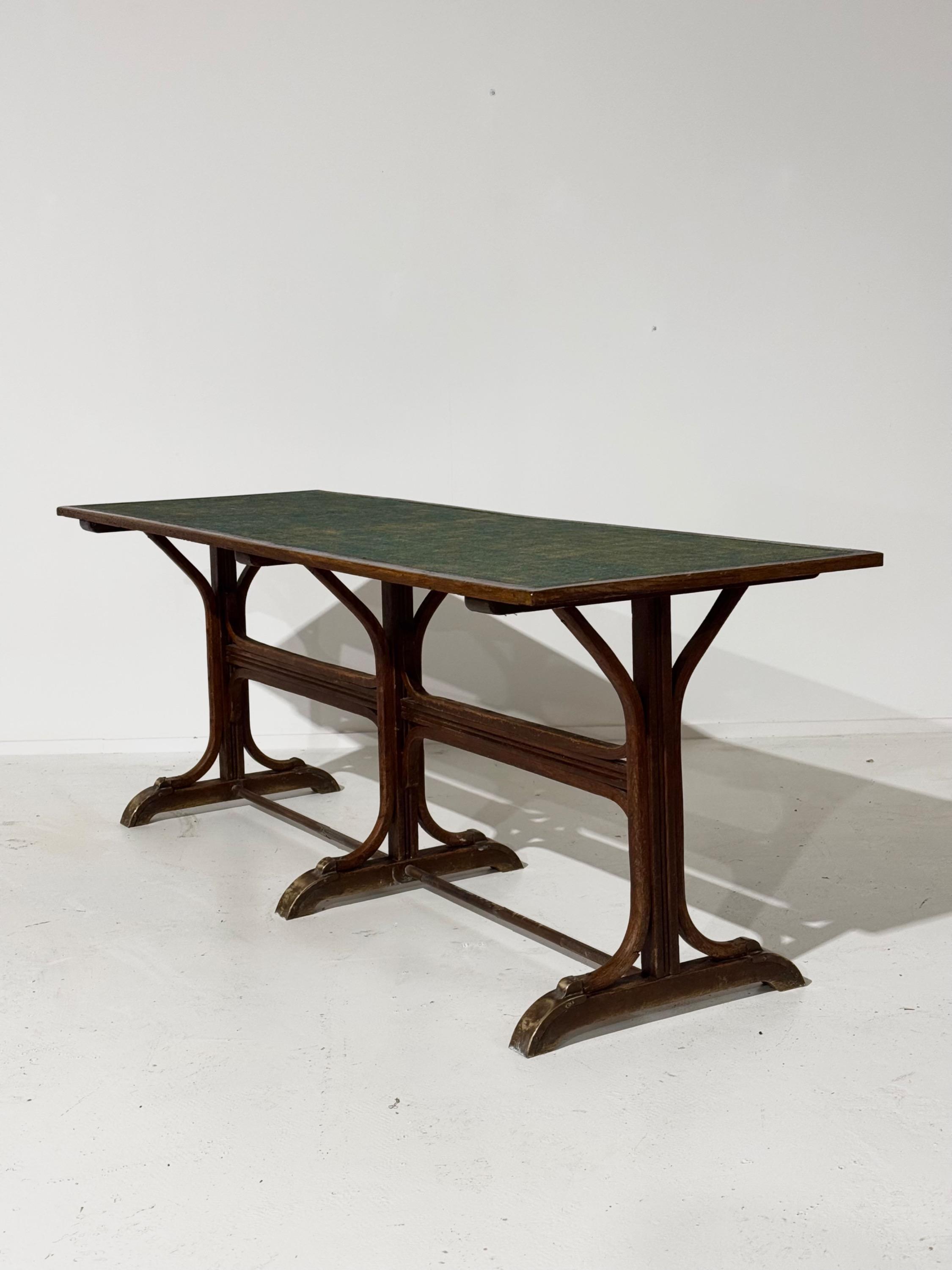 Beautiful Pair Of Big « Fishel » Tables in Bent Beech Wood, Wax Canvas Top & Brass details Circa 1920’s Dim Each = 200 x 70 x 75,5 cm