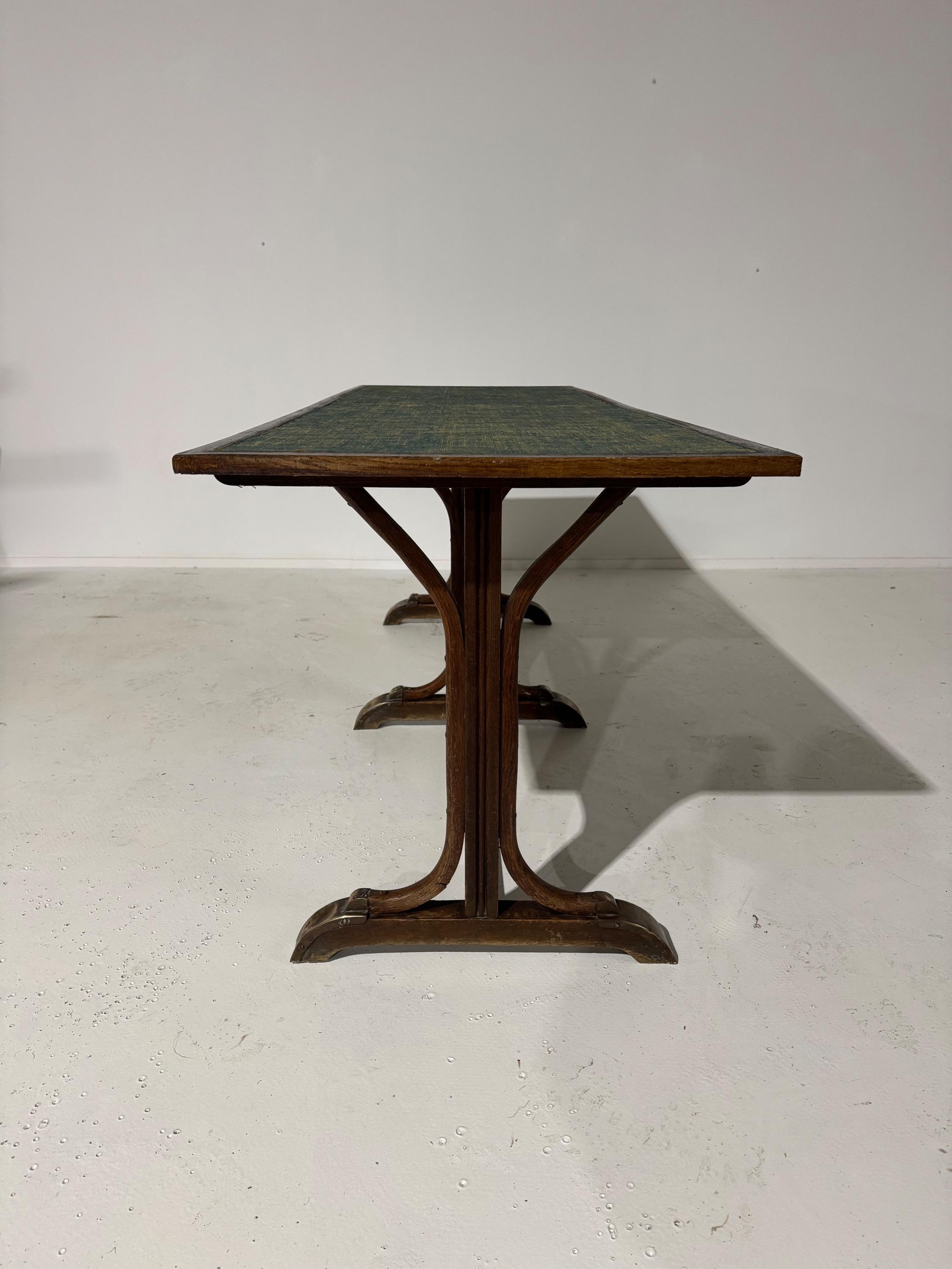 Beautiful Pair Of Big « Fishel » Tables in Bent Beech Wood, Wax Canvas Top & Brass details Circa 1920’s Dim Each = 200 x 70 x 75,5 cm