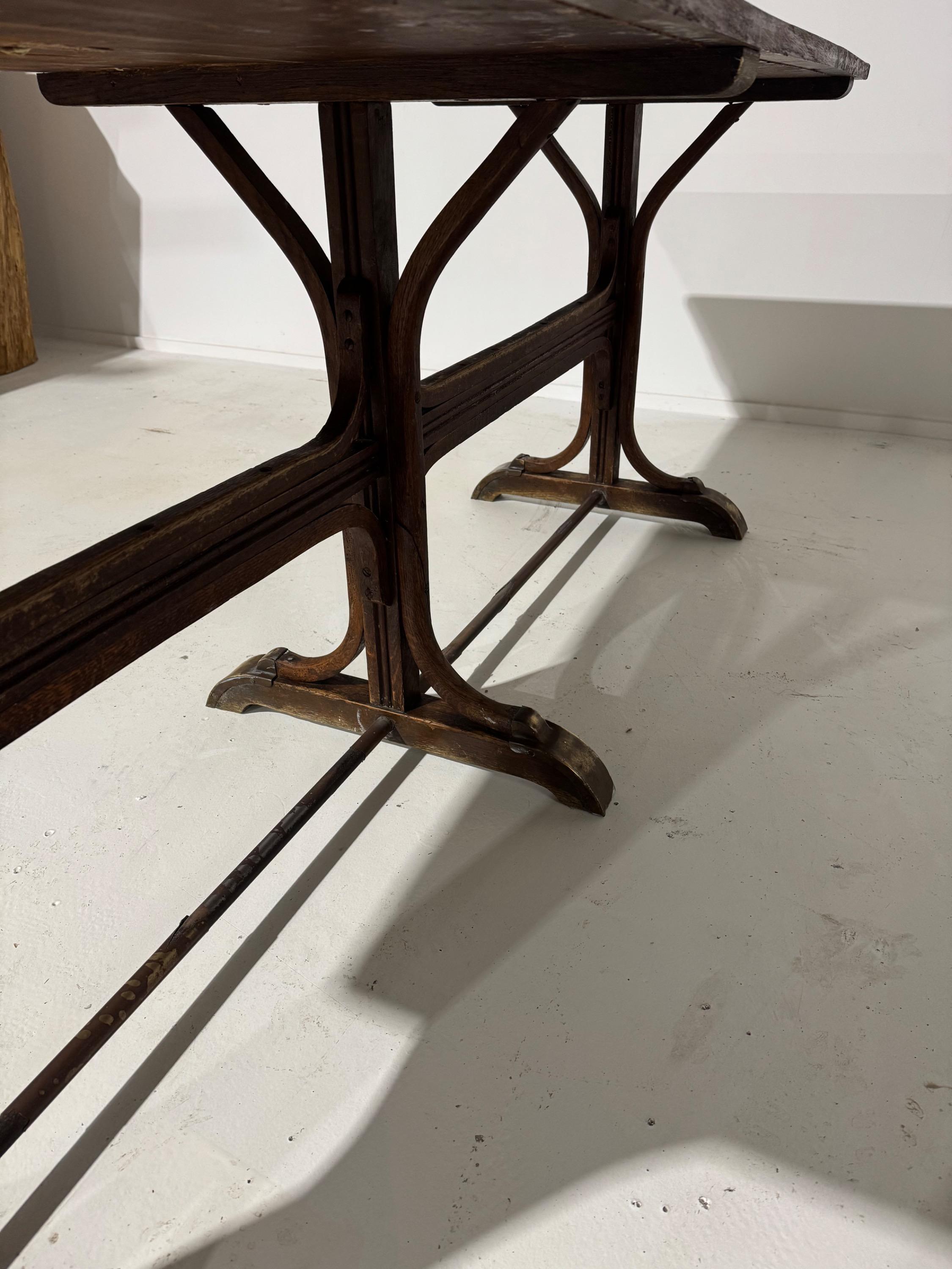 Beautiful Pair Of Big « Fishel » Tables in Bent Beech Wood, Wax Canvas Top & Brass details Circa 1920’s Dim Each = 200 x 70 x 75,5 cm