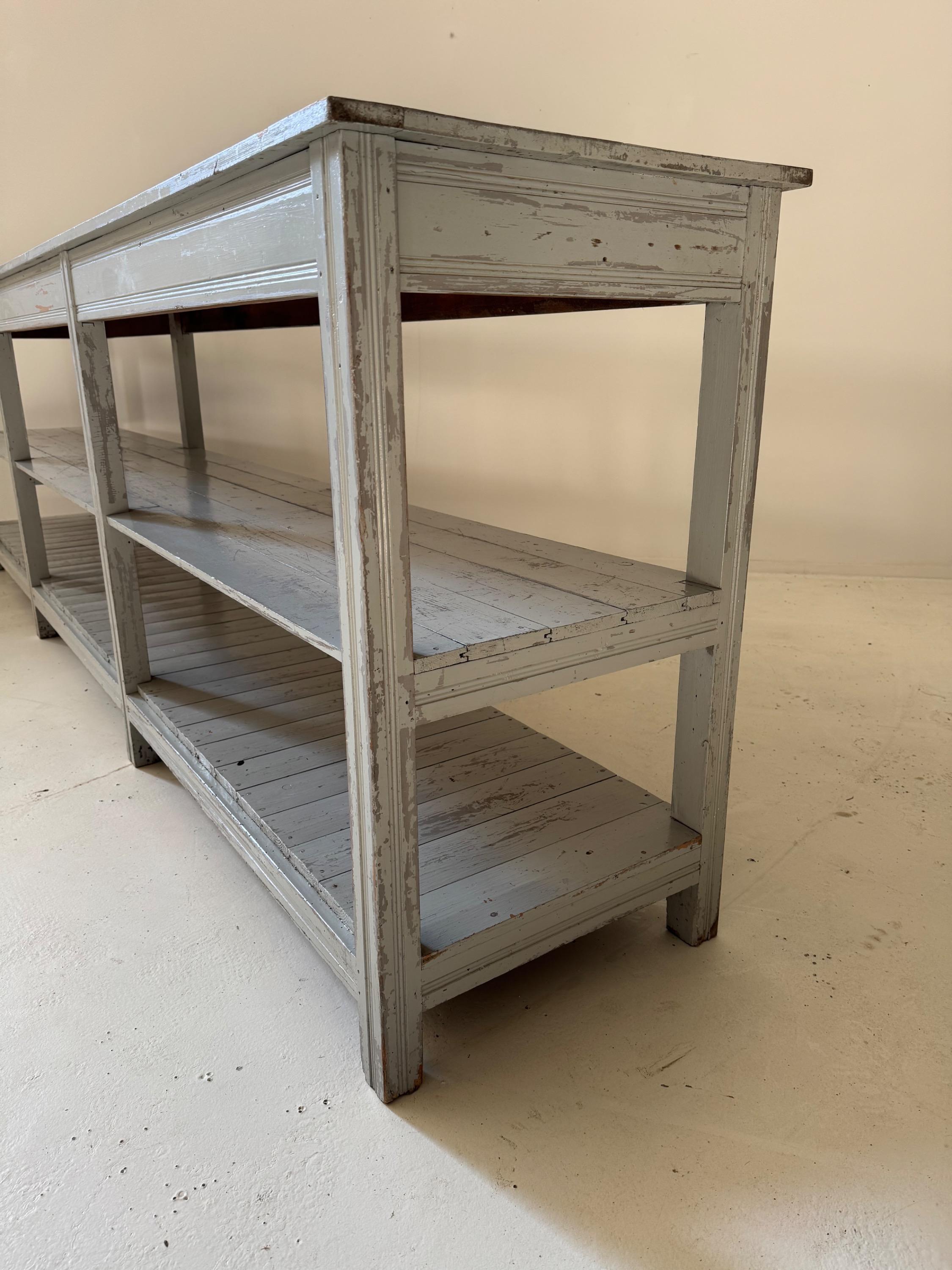 Big French Drapery Table Circa 1920’s With Nice Original Time Patina. Dim = 314 x 56 x 96 cm