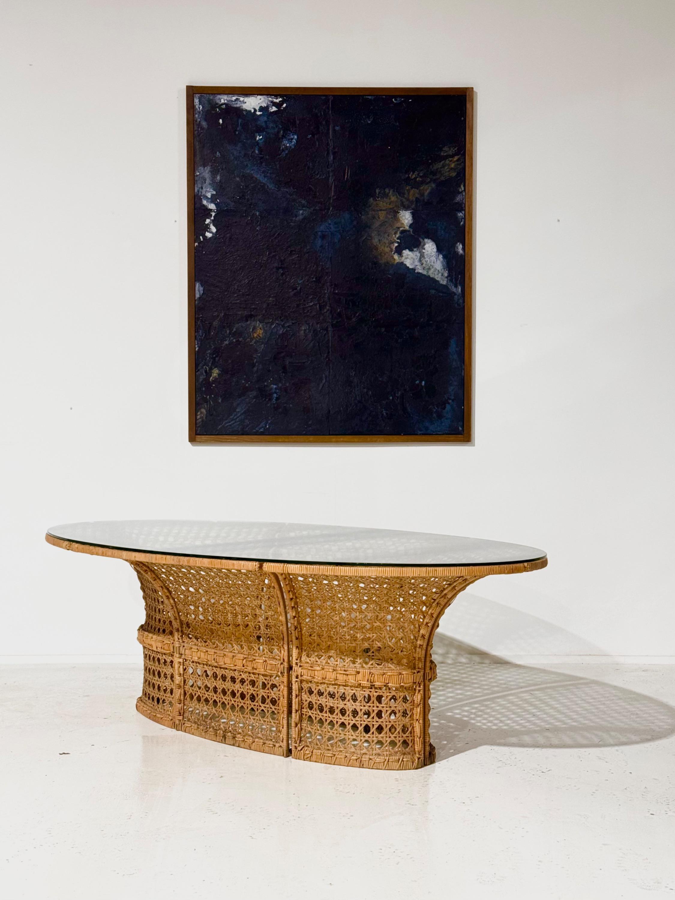 Extremely Rare Big Dinning Table by Marzio Cecchi for Most Edition, Circa 1970. Iron & Rattan Structure, Glass Top.  Dim = 220 x 131 x 73 cm