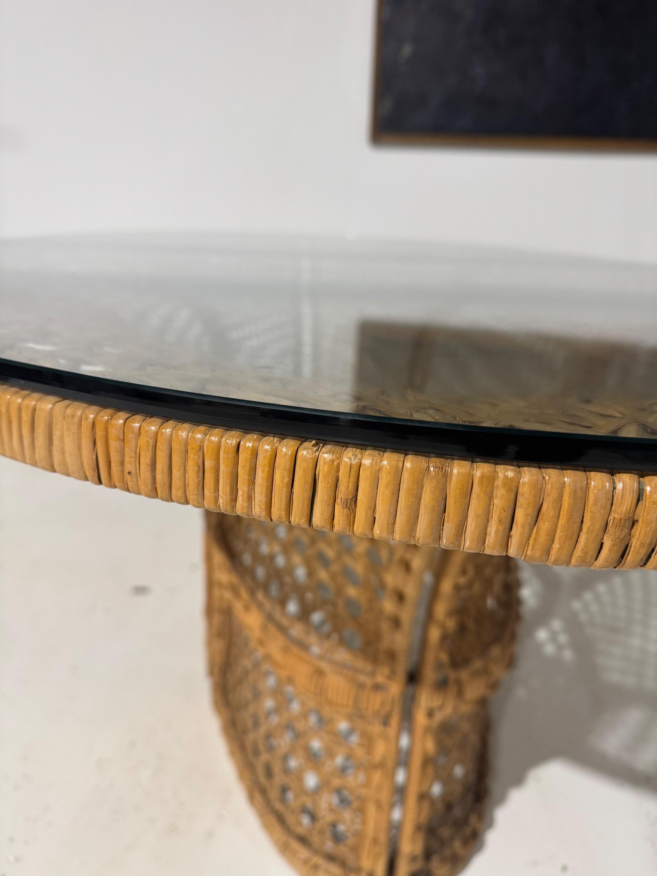 Extremely Rare Big Dinning Table by Marzio Cecchi for Most Edition, Circa 1970. Iron & Rattan Structure, Glass Top.  Dim = 220 x 131 x 73 cm