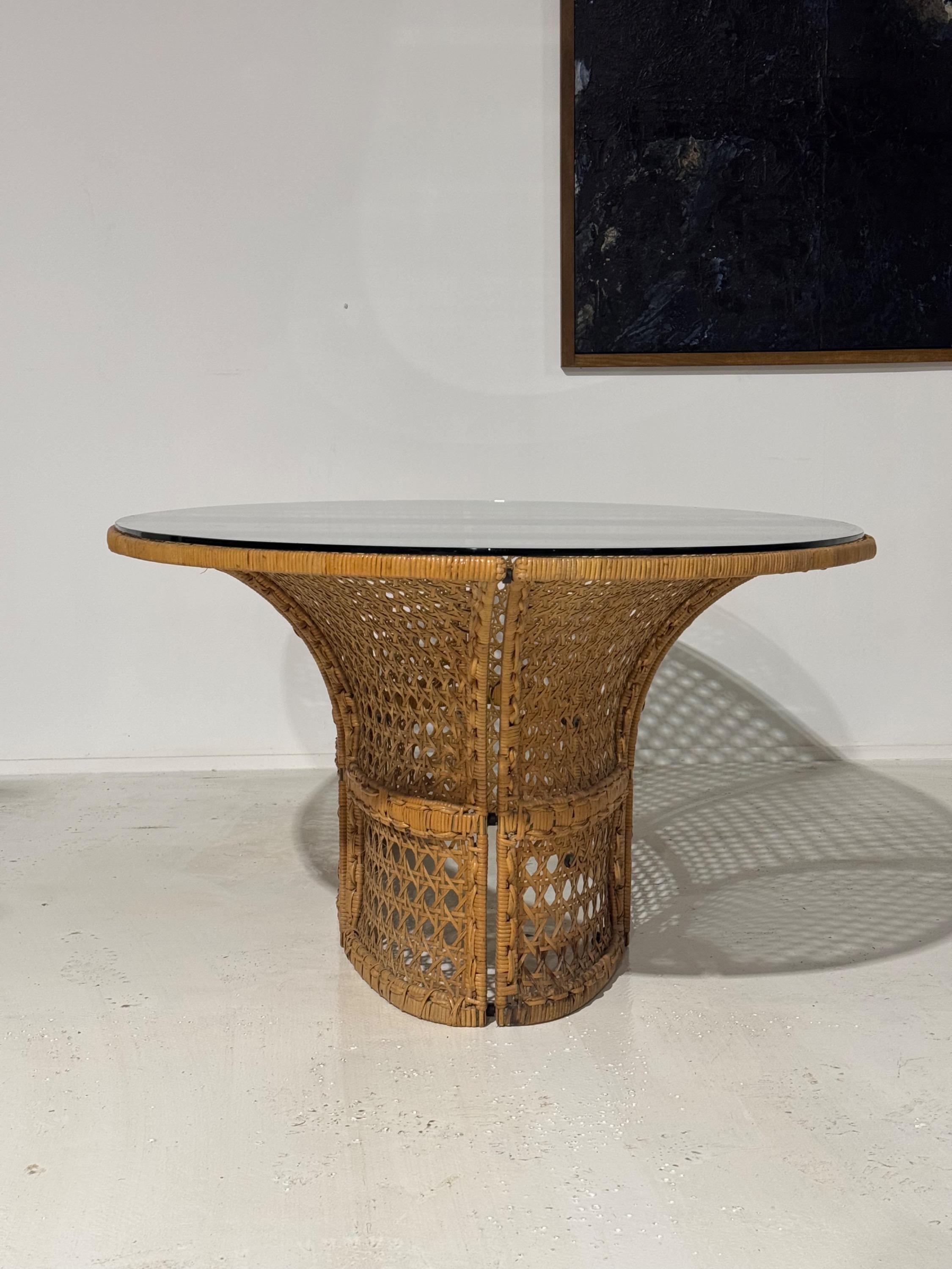 Extremely Rare Big Dinning Table by Marzio Cecchi for Most Edition, Circa 1970. Iron & Rattan Structure, Glass Top.  Dim = 220 x 131 x 73 cm