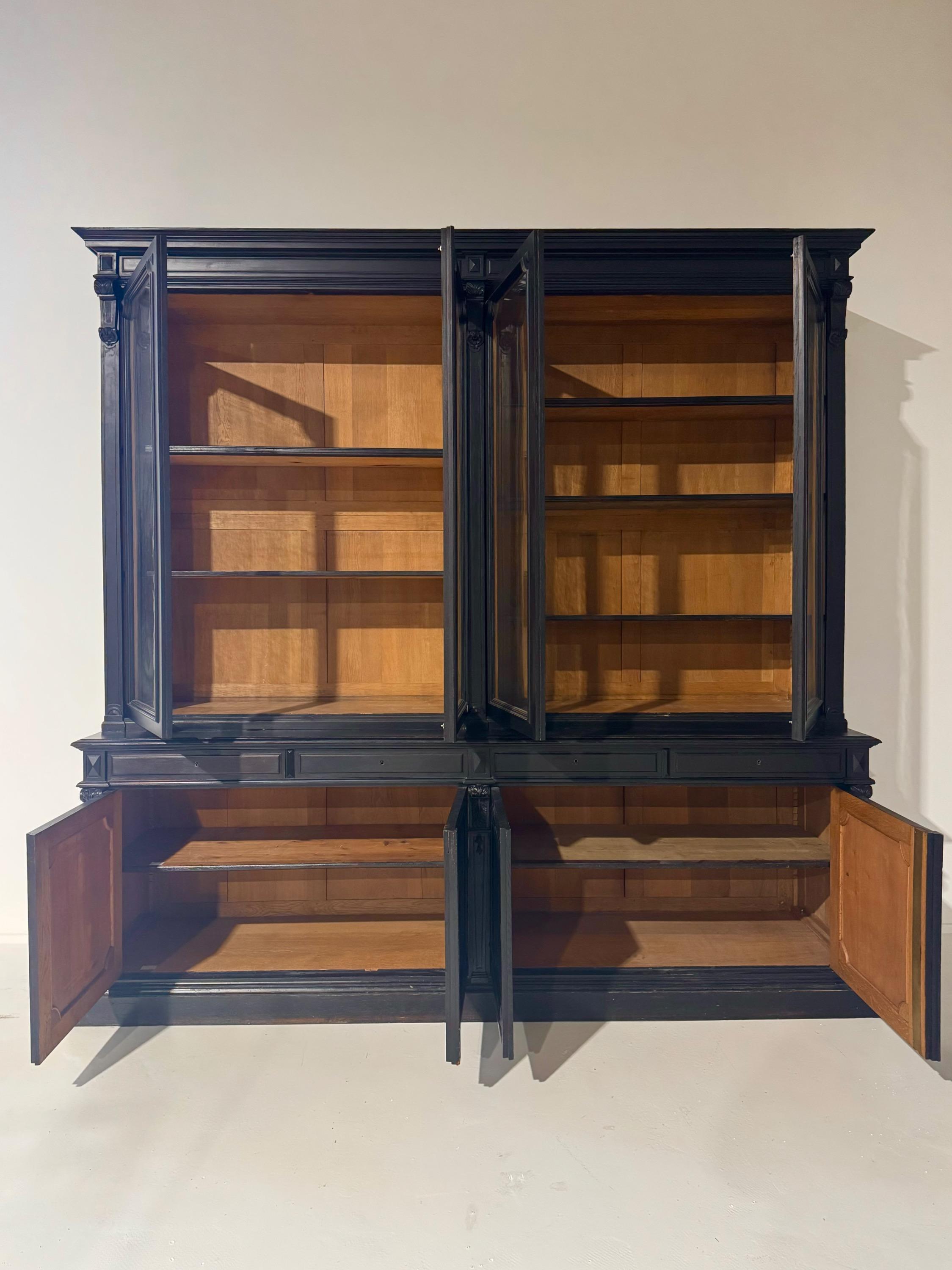 Impressive Big French Napoleon III Ebonised Bookcase With Nice Details & Old Glasses.  Dim = 290 x 290 x 70 cm