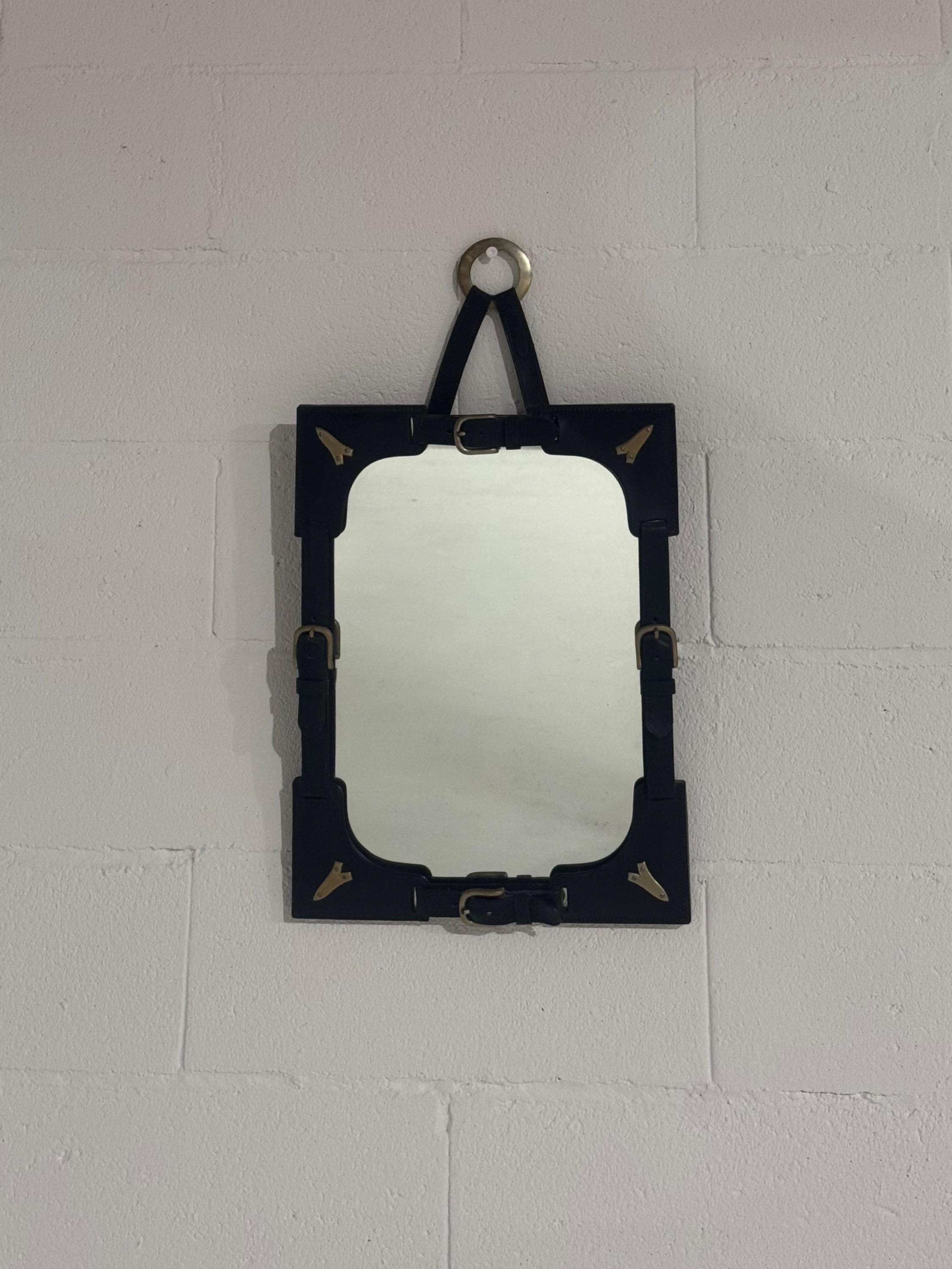 Leather & Brass French  Mirror attr. To Jacques Adnet Circa 1950’s. Dim = 67 x 38 x 4 cm